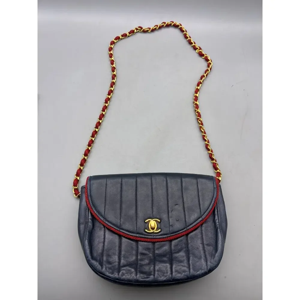 CHANEL Mademoiselle Lambskin Black Grosgrain Half Moon Flap Shoulder Bag